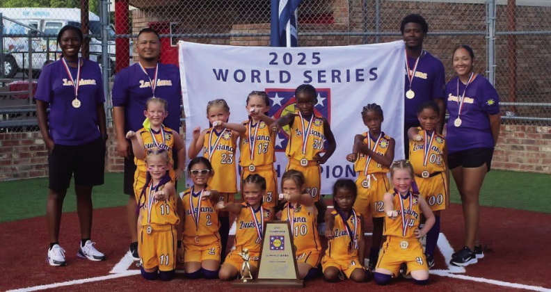 The Sabine 6U All Stars have been named the 2025 World Series Champions. Pictured are players Malaya, Lucy, Kodi, HazelAnn, Rhyan, Lexie, Heidi, Ava, Harmonii, Jolie, Ava, and Brynnlie. Also pictured are coaches Kim, Q, Noemi, and Boo.