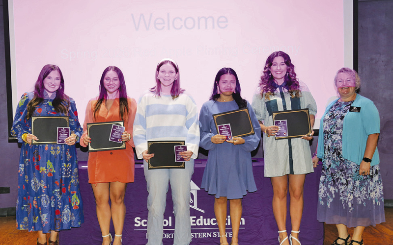 NSU Elementary Education majors recognized with Apple pins were, from left, Avery Broadway, Taylor Crain, Katie Farris, Lluvia Guillot, Elizabeth Shirley and Dr. Jessica Church.
