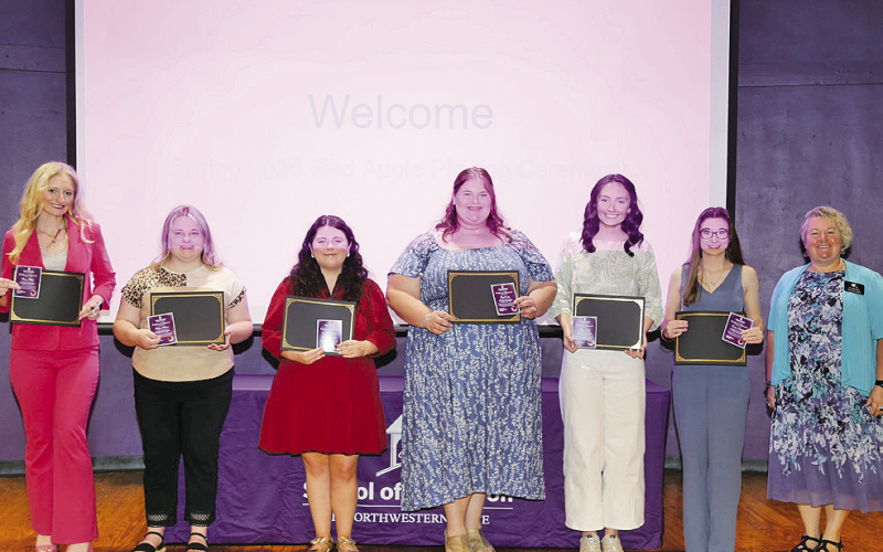 NSU Secondary Education majors were recognized with Apple pins. From left are Avery Phillips, Hailee Addison, Catheryn Busha, Ryan Conley, Rhyan Floyd, Emma Penfield and Dr. Jessica Church.
