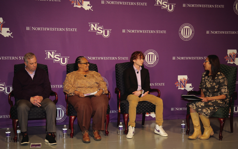 Living Library panelists discussing their work were, from left, Jason Pugh, Wanda Gilbert and Zachary Sepulvado with moderator Roni Biscoe.