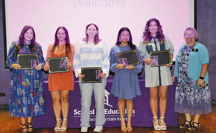 NSU Elementary Education majors recognized with Apple pins were, from left, Avery Broadway, Taylor Crain, Katie Farris, Lluvia Guillot, Elizabeth Shirley and Dr. Jessica Church.
