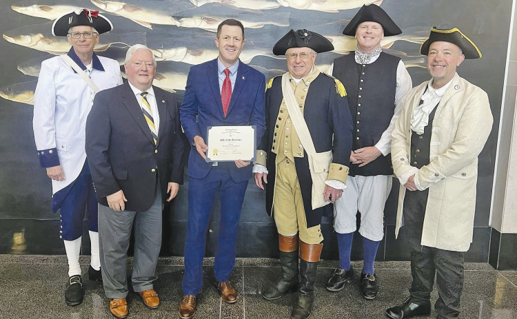 Sons of the American Revolution members Mitch Pratt, Joel Whitehead, Superintendent Cade Brumley, and SAR Members Steve Kubicek, Jeff Truax, and Derrick Spell