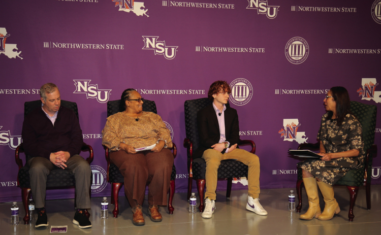 Living Library panelists discussing their work were, from left, Jason Pugh, Wanda Gilbert and Zachary Sepulvado with moderator Roni Biscoe.