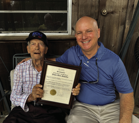 Mayor Robert Hable presented Mr. Jessie Alton Mahaffey on Monday, November 25 with a proclamation for his 102nd birthday. Mr. Mahaffey is a U.W. Veteran having served in the Navy during Pearl Harbor and the Japanese invasion and Iwo Jima. Mr. Mahaffey tur