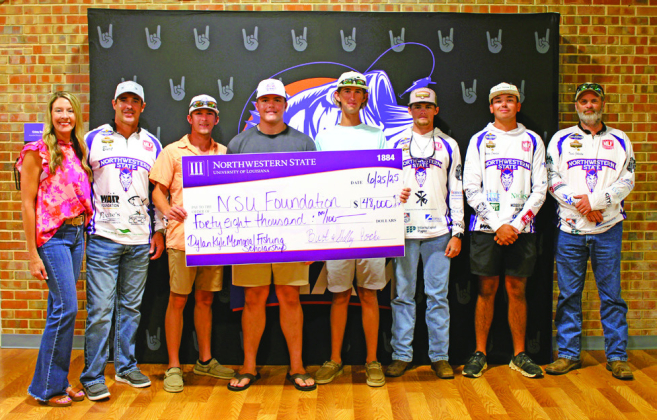 Three freshman anglers were awarded Dylan Kyle Poche Scholarships for the upcoming academic year. Attending this year’s scholarship presentation were, from left, Shelley Poche, Burt Poche, Landon Watts, Josiah Shockley, Braxton Speyrer and members of the NSU Bass Fishing Team Caleb Johnston, Dawson Cowden and Travis Johnston.