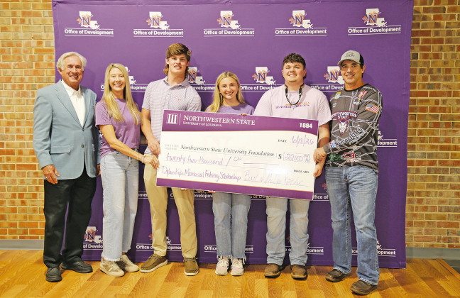 Three incoming Northwestern State University freshmen anglers were awarded Dylan Kyle Poche scholarships to compete with the NSU Fishing Team. From left are NSU President James Genovese, Shelley Poche, Michael Watkins, Adelyn Parr, Eli Lockart and Burt Poche.