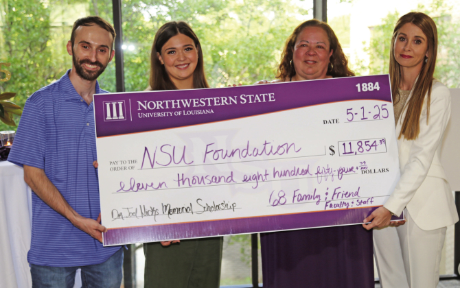 The family of the late Dr. Joel Hicks, former dean of Northwester State’s College of Nursing and School of Allied Health, was honored during a scholarship presentation May 1. From left are son-in-law Parker Powell, daughter Katelyn and wife Angela with Dr. Aimee Badeaux, current dean of the College of Nursing and School of Allied Health.