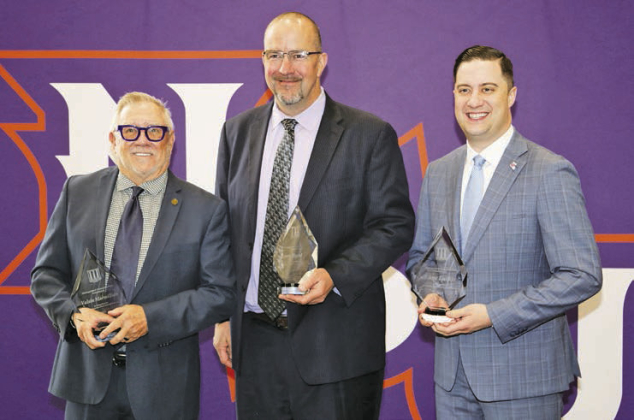 Northwestern State honored three alumni, the late Jerry Byrd Sr., Lane Luckie and Valsin Marmillion, as 2025 Distinguished Communications Professionals during a lunch and awards program April 4. From left are Marmillion, Jerry Byrd Jr. and Luckie.