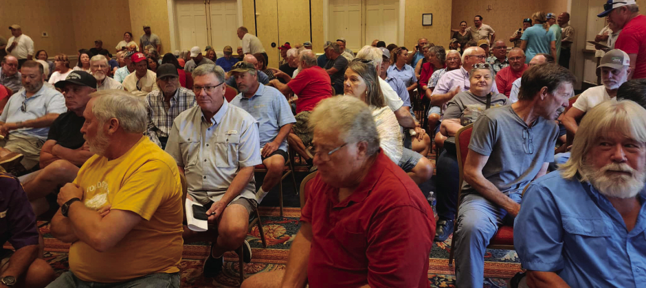 The grand ballroom at Cypress Bend Resort was filled beyond capacity on July 24 as local residents voiced opposition to potential water sales. (Photo by Daniel Jones/INDEX)