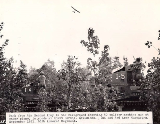Grasshopper observation plane flying over Mt. Carmel during the large scale maneuver battle at that location in 1941.
