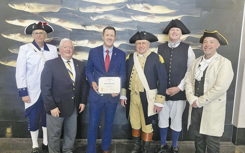 Sons of the American Revolution members Mitch Pratt, Joel Whitehead, Superintendent Cade Brumley, and SAR Members Steve Kubicek, Jeff Truax, and Derrick Spell