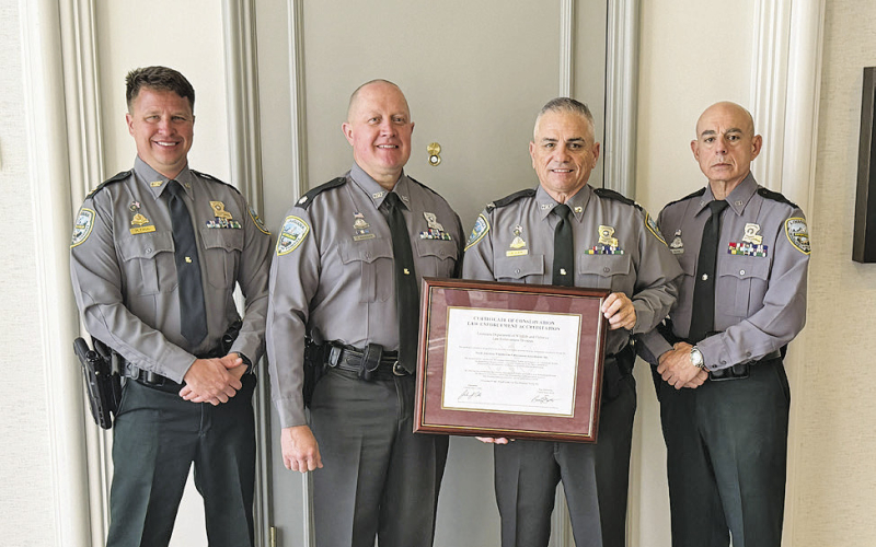 The LDWF Enforcement Division recently became the third law enforcement agency to earn the North American Wildlife Law Enforcement Accreditation. Pictured from left are Capt. Ryan Faul, Lt. Col. Clay Marques, Col. Stephen Clark, and Lt. Col. Eddie Skena.