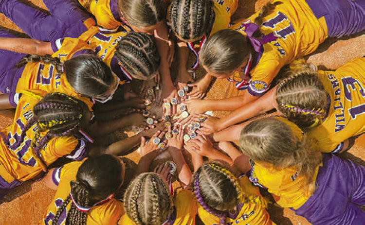 The members of the Diamond Youth 8U team admire their championship rings.